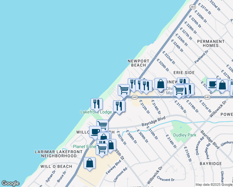 map of restaurants, bars, coffee shops, grocery stores, and more near 30951 Lakeshore Boulevard in Willowick