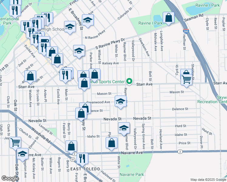 map of restaurants, bars, coffee shops, grocery stores, and more near 1311 Mason Street in Toledo