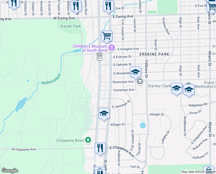 map of restaurants, bars, coffee shops, grocery stores, and more near 3009 South Michigan Street in South Bend
