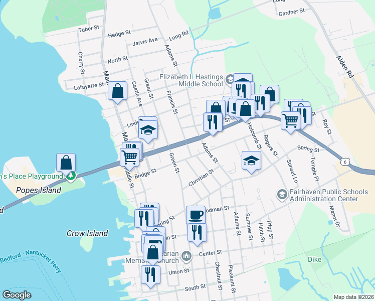 map of restaurants, bars, coffee shops, grocery stores, and more near 10 Francis Street in Fairhaven