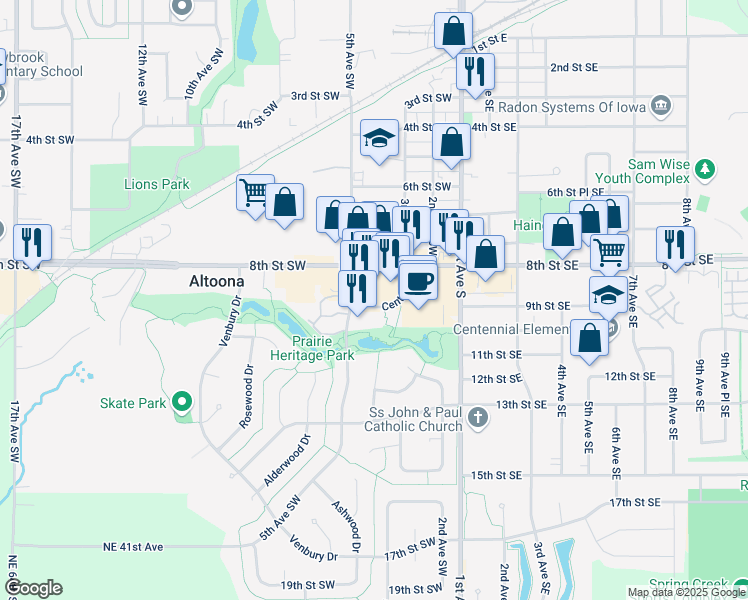map of restaurants, bars, coffee shops, grocery stores, and more near 415 Center Place in Altoona