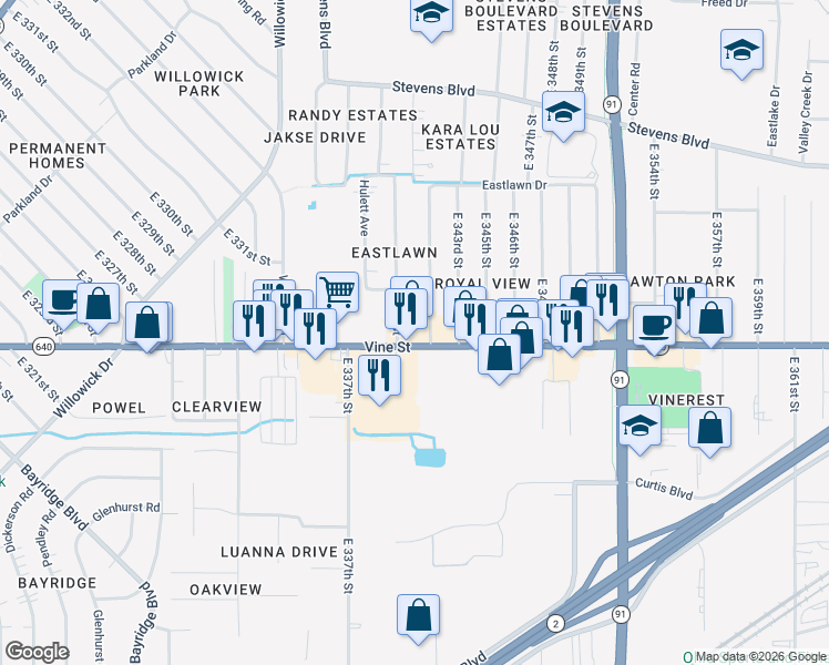 map of restaurants, bars, coffee shops, grocery stores, and more near 34011 Vine Street in Eastlake