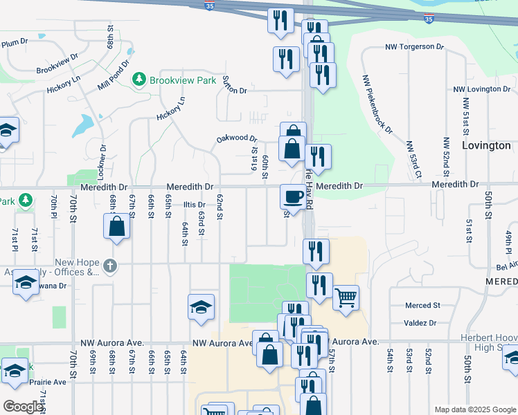 map of restaurants, bars, coffee shops, grocery stores, and more near 4514 60th Street in Urbandale