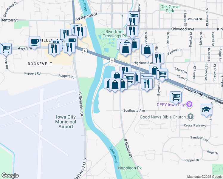 map of restaurants, bars, coffee shops, grocery stores, and more near 150 Stevens Dr in Iowa City