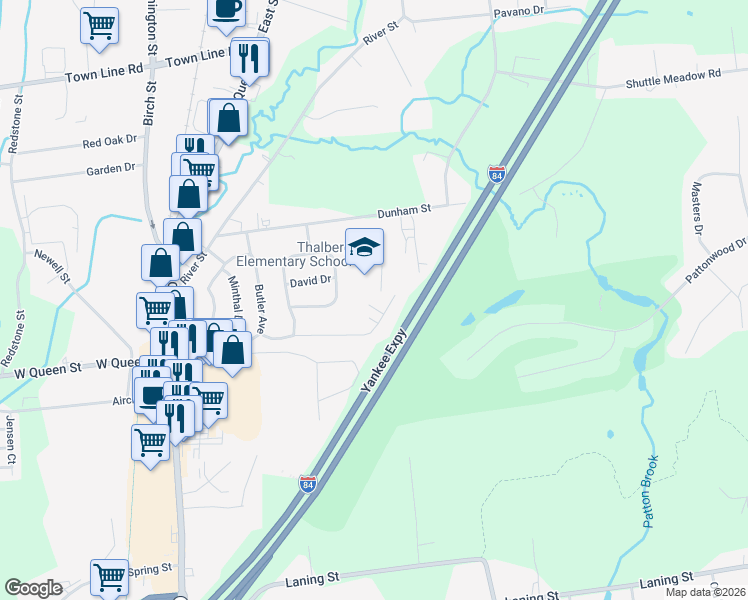 map of restaurants, bars, coffee shops, grocery stores, and more near 20 Jordan Court in Southington