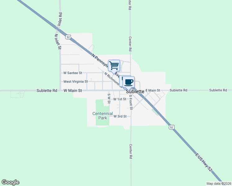 map of restaurants, bars, coffee shops, grocery stores, and more near 203 West Main Street in Sublette