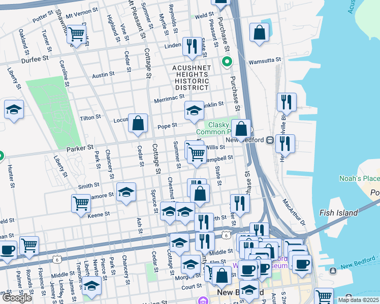 map of restaurants, bars, coffee shops, grocery stores, and more near 68 Willis Street in New Bedford