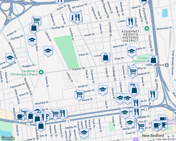 map of restaurants, bars, coffee shops, grocery stores, and more near 490 Park Street in New Bedford