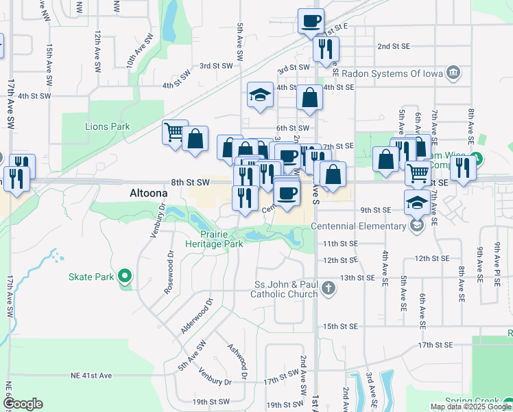 map of restaurants, bars, coffee shops, grocery stores, and more near 415 Center Place in Altoona