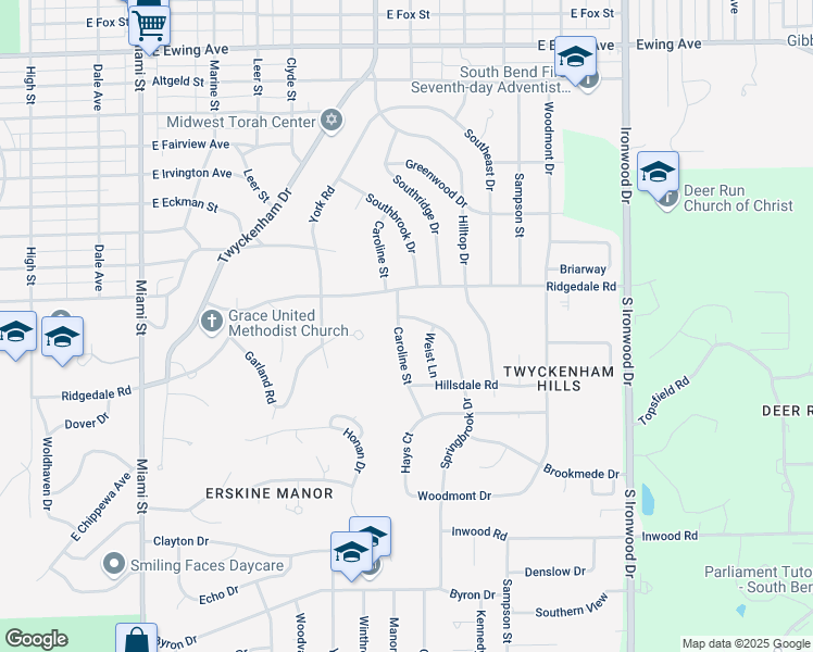 map of restaurants, bars, coffee shops, grocery stores, and more near 3104 Caroline Street in South Bend