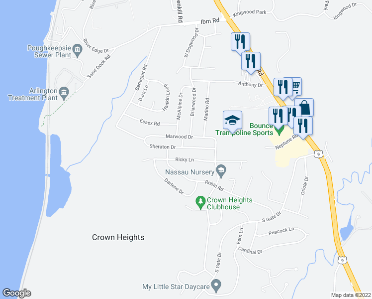 map of restaurants, bars, coffee shops, grocery stores, and more near 42 Sheraton Dr in Poughkeepsie