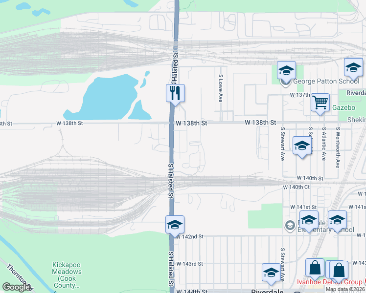 map of restaurants, bars, coffee shops, grocery stores, and more near 13844 South Emerald Avenue in Riverdale