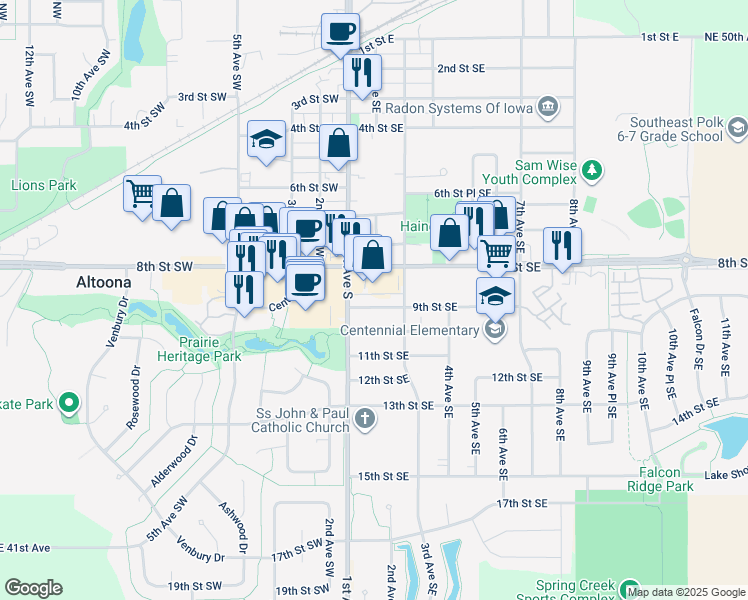 map of restaurants, bars, coffee shops, grocery stores, and more near 107 9th Street Southeast in Altoona