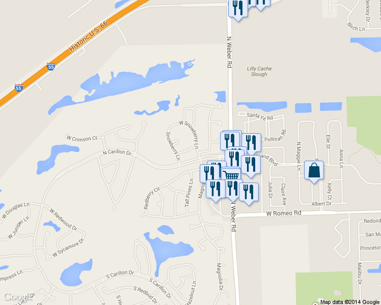 map of restaurants, bars, coffee shops, grocery stores, and more near 20925 West Spruce Lane in Plainfield