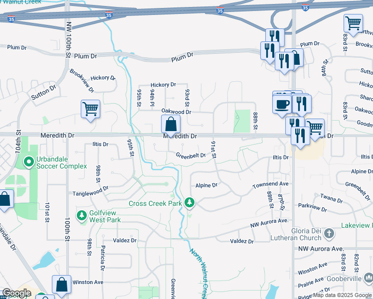 map of restaurants, bars, coffee shops, grocery stores, and more near 4509 93rd Street in Urbandale