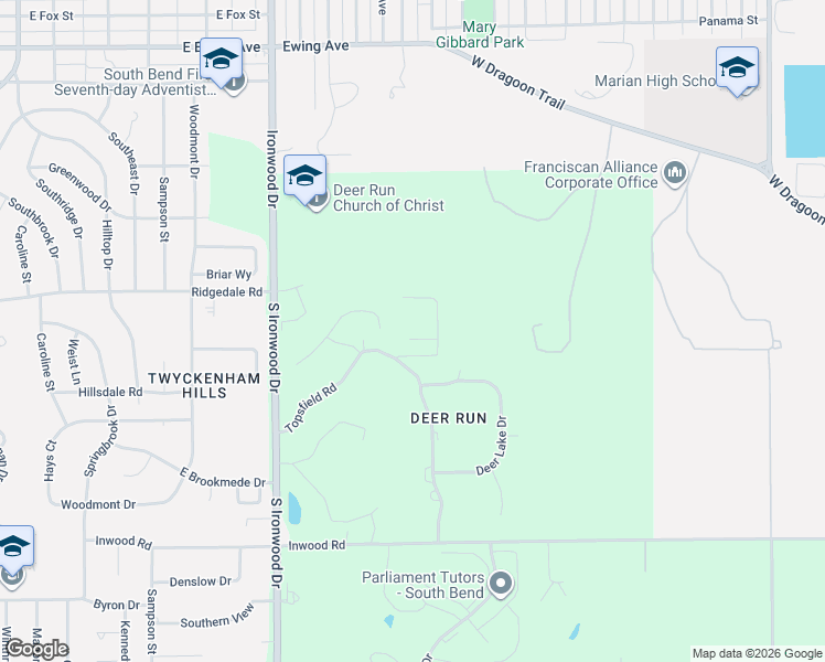 map of restaurants, bars, coffee shops, grocery stores, and more near 2500 Topsfield Road in South Bend