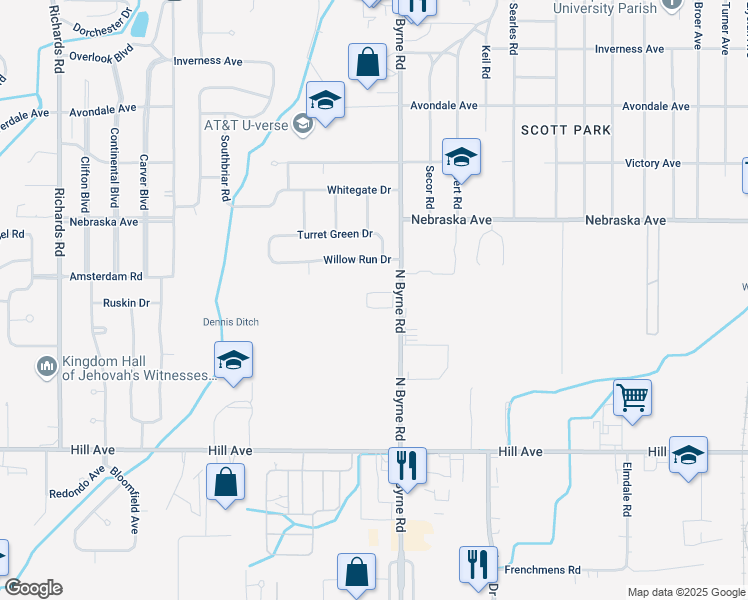 map of restaurants, bars, coffee shops, grocery stores, and more near 3503 Hilltop Boulevard in Toledo
