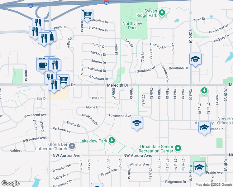 map of restaurants, bars, coffee shops, grocery stores, and more near 4511 80th Place in Urbandale