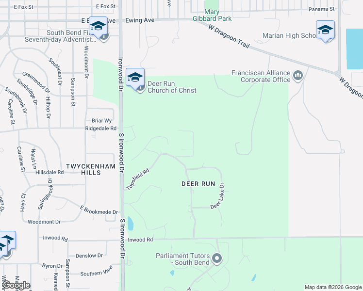 map of restaurants, bars, coffee shops, grocery stores, and more near 2500 Topsfield Road in South Bend