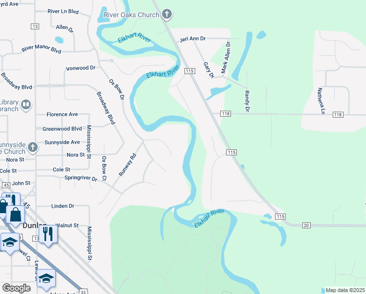 map of restaurants, bars, coffee shops, grocery stores, and more near 58764 Fawn River Court in Elkhart