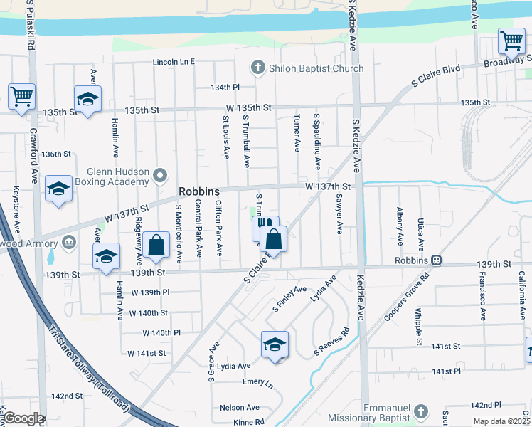 map of restaurants, bars, coffee shops, grocery stores, and more near 13725 South Trumbull Avenue in Robbins