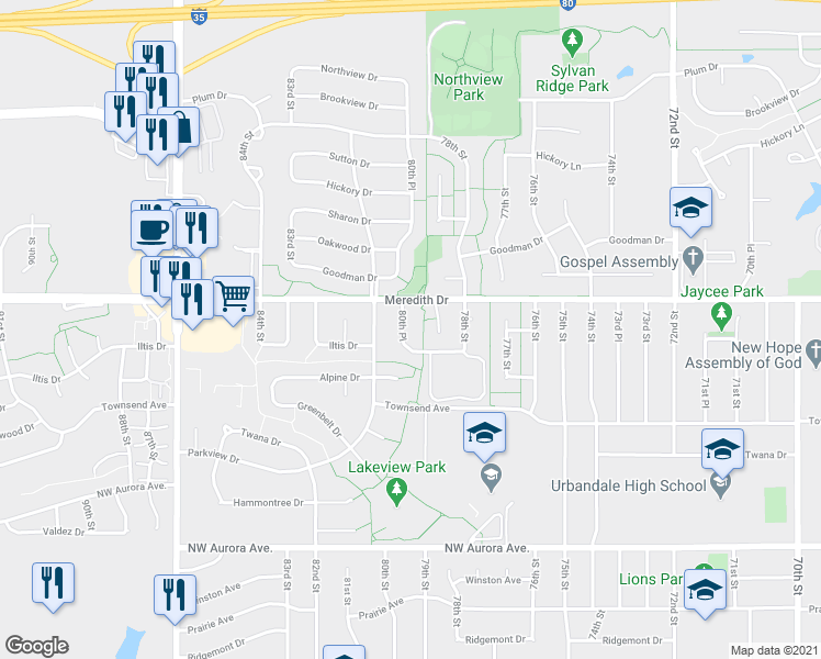 map of restaurants, bars, coffee shops, grocery stores, and more near 4511 80th Place in Urbandale