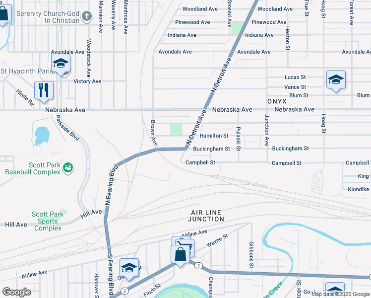 map of restaurants, bars, coffee shops, grocery stores, and more near 1700 Buckingham Street in Toledo