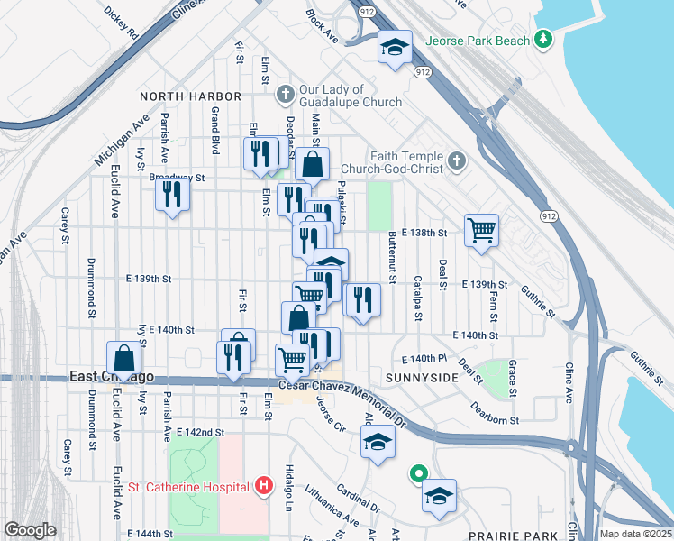 map of restaurants, bars, coffee shops, grocery stores, and more near 3828 Pulaski Street in East Chicago