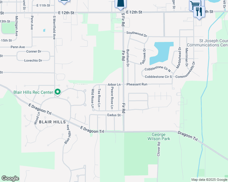 map of restaurants, bars, coffee shops, grocery stores, and more near 1819 Miniature Rose Lane in Mishawaka