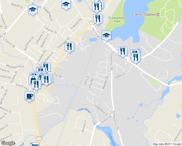 map of restaurants, bars, coffee shops, grocery stores, and more near 2 Ebony Drive in East Greenwich