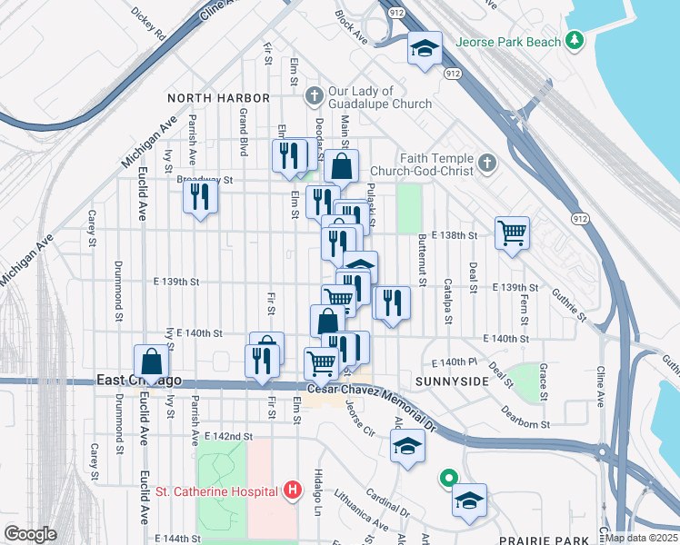 map of restaurants, bars, coffee shops, grocery stores, and more near 3828 Main Street in East Chicago