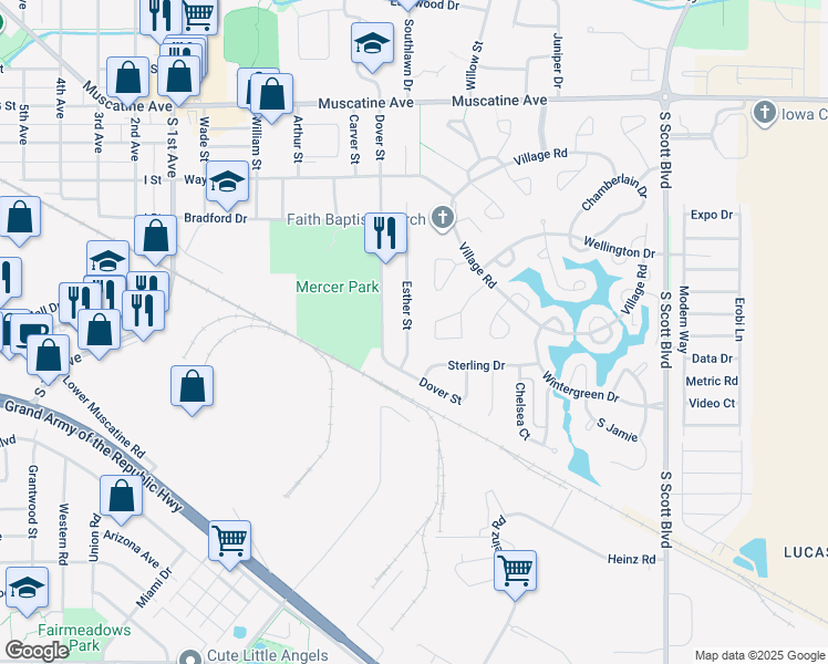 map of restaurants, bars, coffee shops, grocery stores, and more near 1602 Esther Street in Iowa City