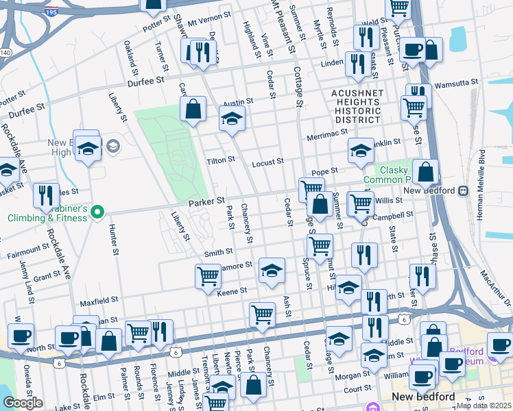 map of restaurants, bars, coffee shops, grocery stores, and more near 47 Shawmut Avenue in New Bedford