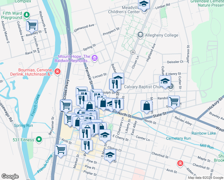 map of restaurants, bars, coffee shops, grocery stores, and more near 741 North Cottage Street in Meadville