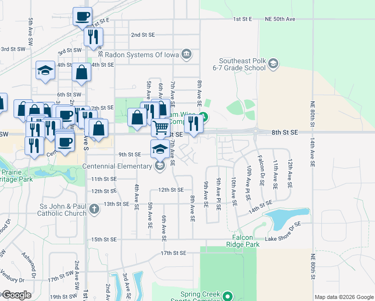 map of restaurants, bars, coffee shops, grocery stores, and more near 901 7th Avenue Southeast in Altoona
