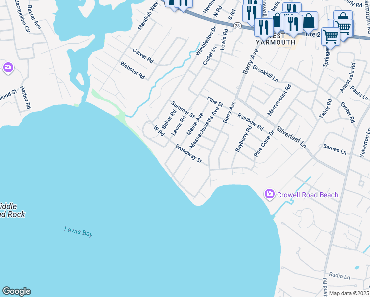 map of restaurants, bars, coffee shops, grocery stores, and more near 61 Broadway Street in Yarmouth