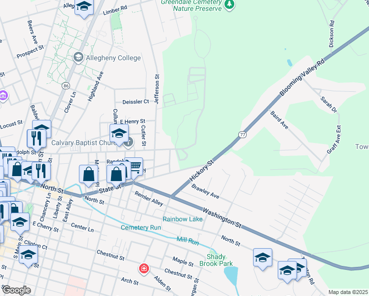map of restaurants, bars, coffee shops, grocery stores, and more near 39896 Randolph Street in Meadville