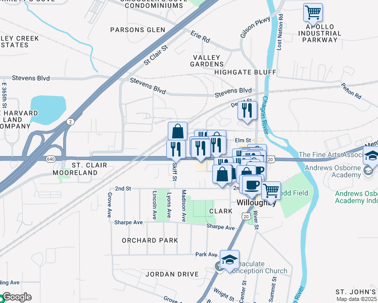 map of restaurants, bars, coffee shops, grocery stores, and more near 37707 Vine Street in Kirtland