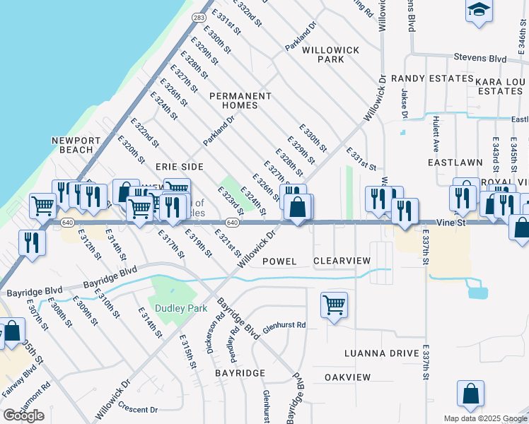 map of restaurants, bars, coffee shops, grocery stores, and more near 491 East 324th Street in Willowick