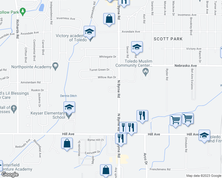 map of restaurants, bars, coffee shops, grocery stores, and more near 3503 Hilltop Boulevard in Toledo