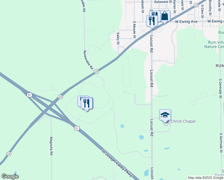 map of restaurants, bars, coffee shops, grocery stores, and more near 2906 Prairie Avenue in South Bend