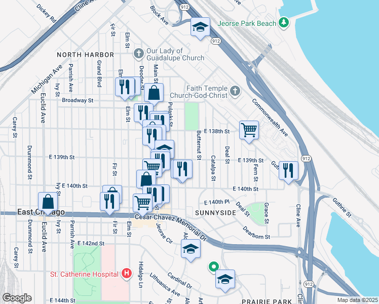 map of restaurants, bars, coffee shops, grocery stores, and more near 3827 Alder Street in East Chicago