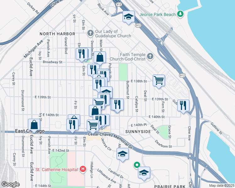 map of restaurants, bars, coffee shops, grocery stores, and more near 3827 Alder Street in East Chicago