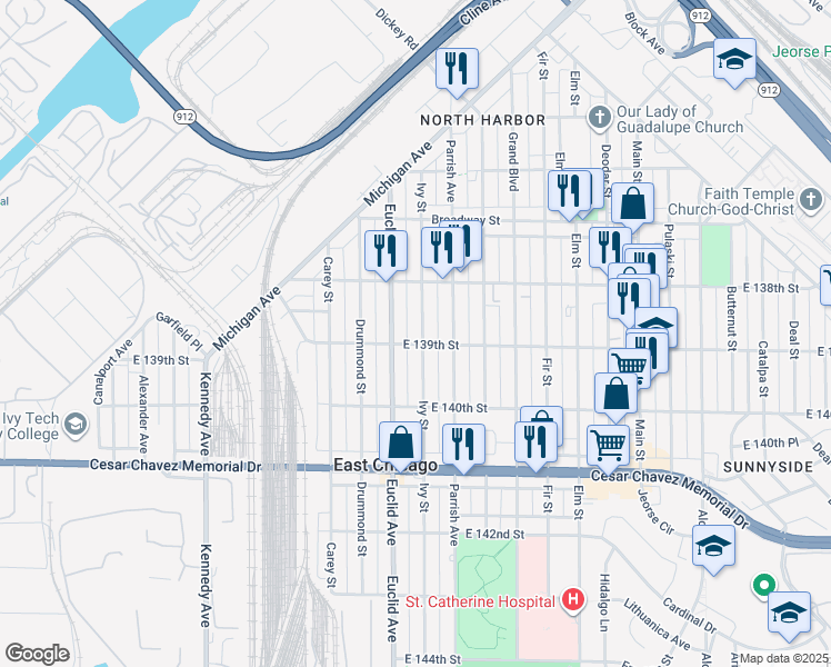 map of restaurants, bars, coffee shops, grocery stores, and more near 3829 Ivy Street in East Chicago