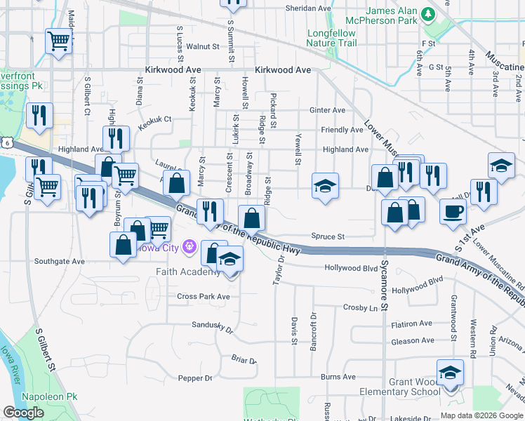 map of restaurants, bars, coffee shops, grocery stores, and more near 1604 Broadway Street in Iowa City