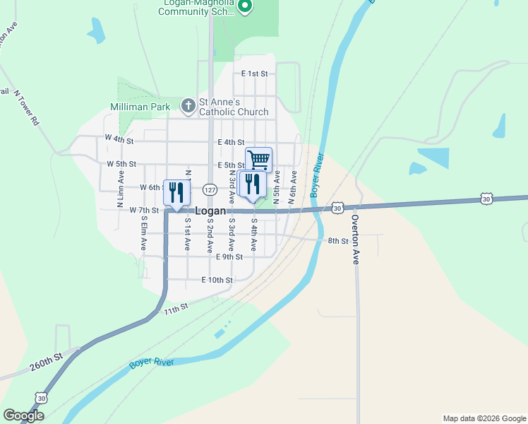 map of restaurants, bars, coffee shops, grocery stores, and more near 420 East 7th Street in Logan