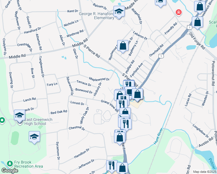 map of restaurants, bars, coffee shops, grocery stores, and more near 11 Violet Court in East Greenwich