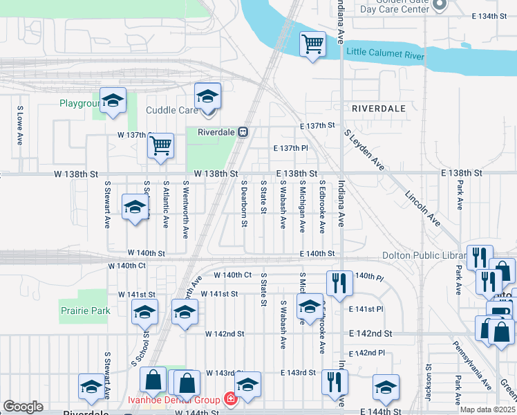 map of restaurants, bars, coffee shops, grocery stores, and more near 13840 South State Street in Chicago
