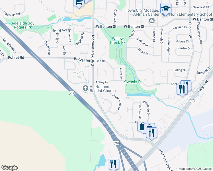 map of restaurants, bars, coffee shops, grocery stores, and more near 2241 Abbey Lane in Iowa City