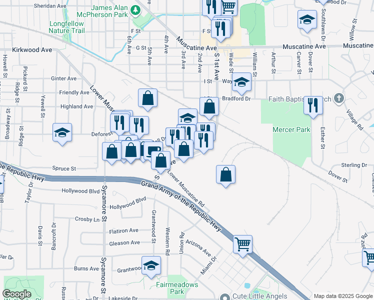 map of restaurants, bars, coffee shops, grocery stores, and more near 1621 South 1st Avenue in Iowa City